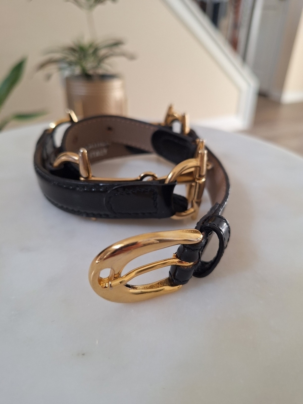 Black Leather Women’s Belt with Gold Buckle